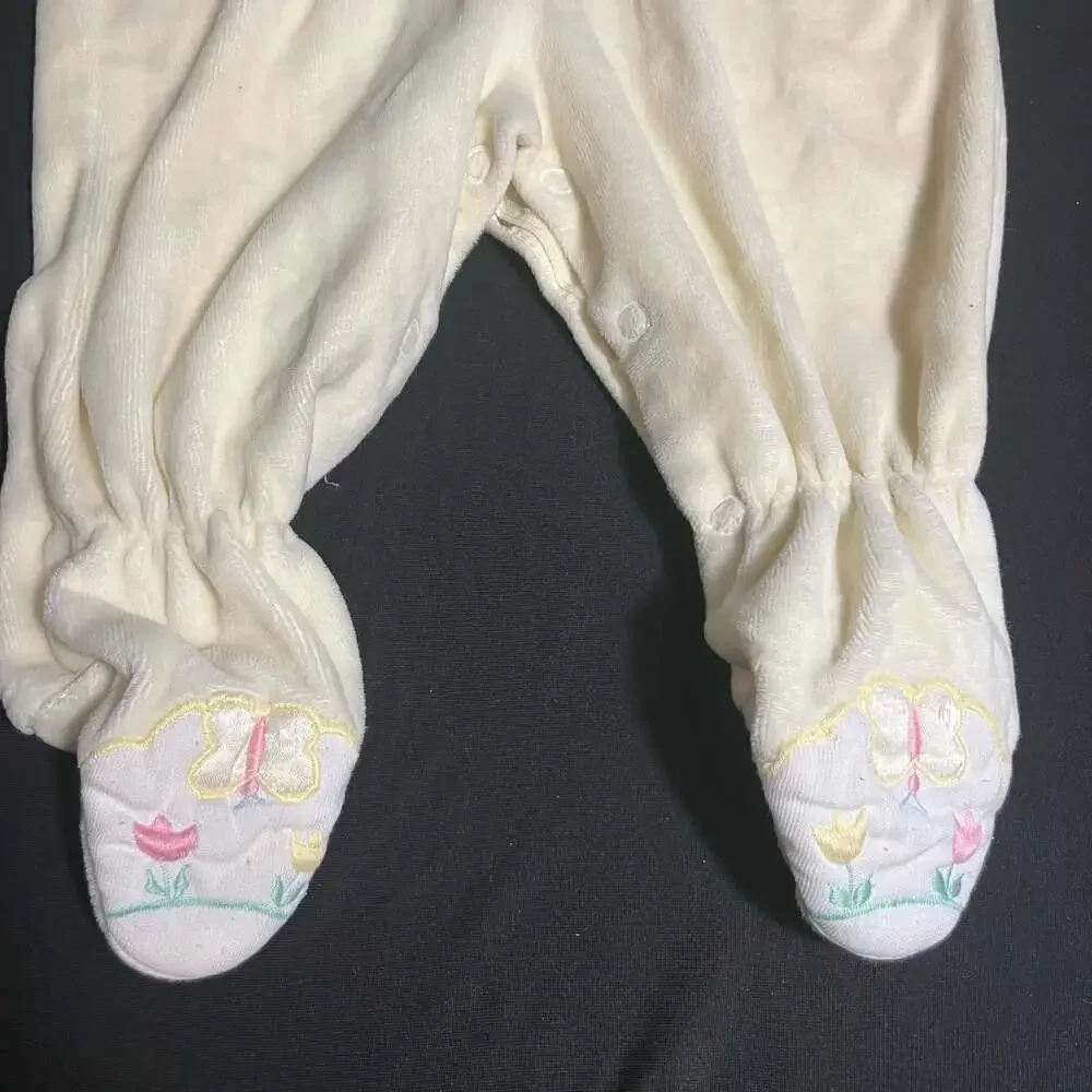 Vintage Yellow Velour Baby Footed Sleeper with Embroidered Easter Bunnies